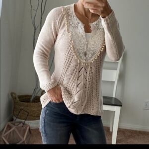 🥳HP🥳Anthropologie Women's Blush Pink Crochet Sweater XS size 2